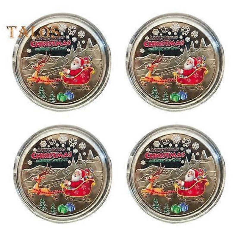 1/4Pcs Santa Claus Coin Carved Christmas Father Elk Metal Medal Commemorative Medallion Round Collection Coin Home Office Desk Decoration