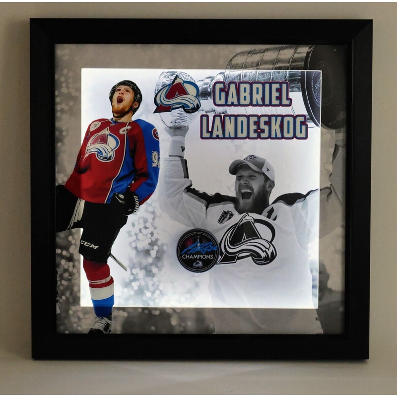 Gabriel Landeskog Autographed Colorado Avalanche Hockey Blue Puck in Lighted Box