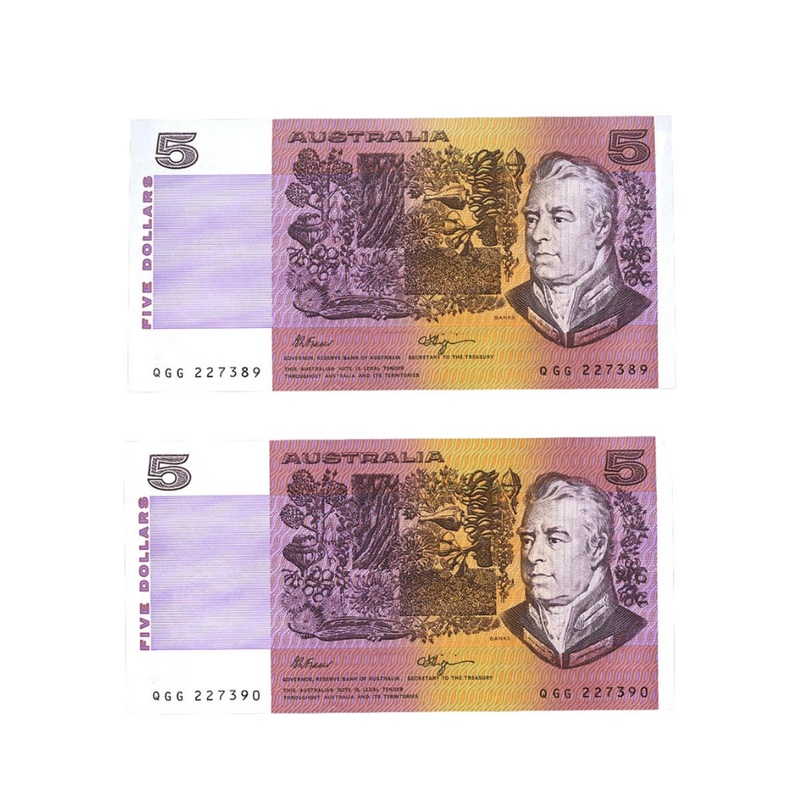 1990 R212 $5 Fraser/Higgins Banknote Consecutive Pair Uncirculated