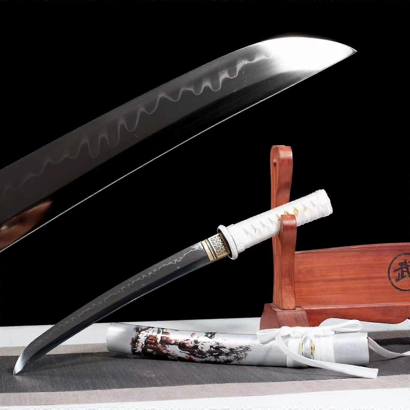 55 cm Wakizashi, T10 Steel Blade, Wooden Sheath with Wolf Pattern, Handmade Samurai Sword