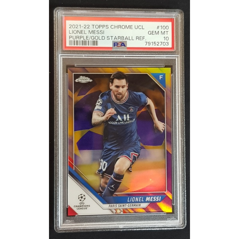 2021-22 Topps Chrome UEFA Champions League Lionel Messi #100 Purple/Gold Starball Refractor PSA 10 Trading Card