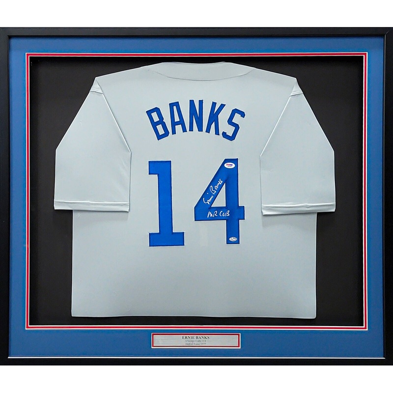 CHICAGO CUBS ERNIE BANKS AUTOGRAPHED FRAMED GRAY JERSEY MR. CUB PSA/DNA 202409