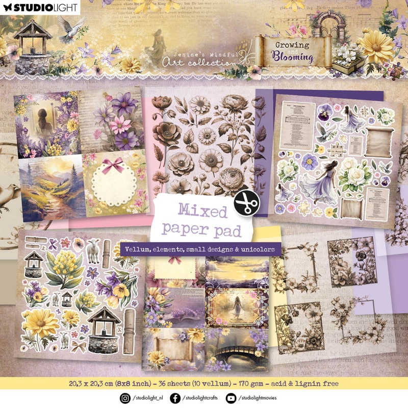 Studio Light Jenine’s Mindful Art – Growing & Blooming – Mixed Paper Pad – Vellum, Unicolor & Elements