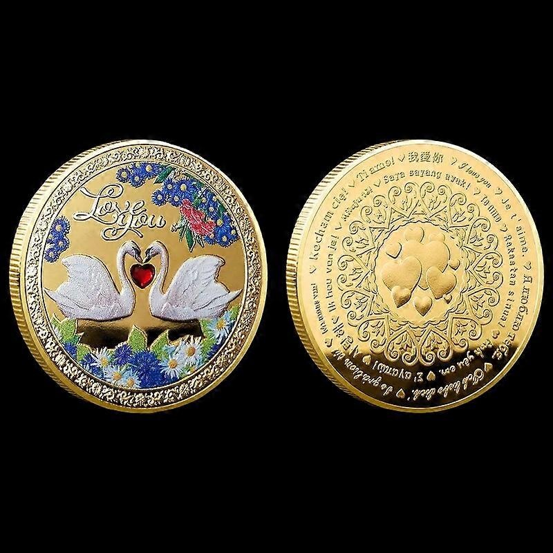 [] Romantic Love Swan Commemorative Coin Loveheart Gem Embossed Souvenir Medal Fresh Flower Painted Coin Collectible