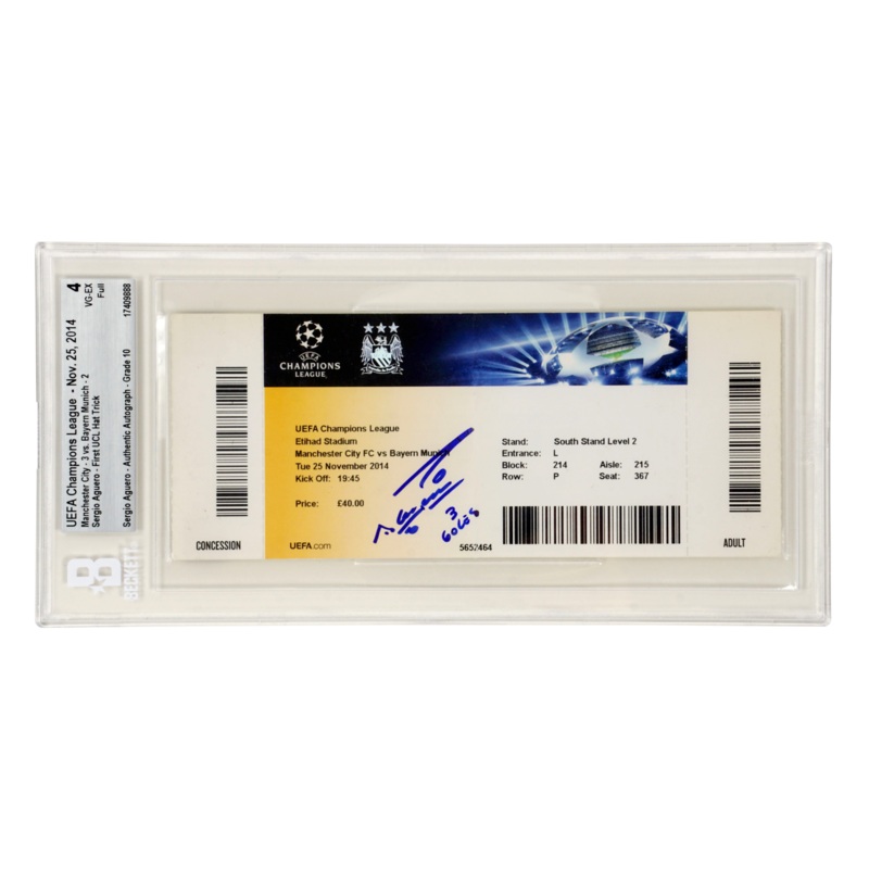 Sergio Aguero Signed 2014 First UCL Hat Trick Match Ticket Inscribed – BGS 4