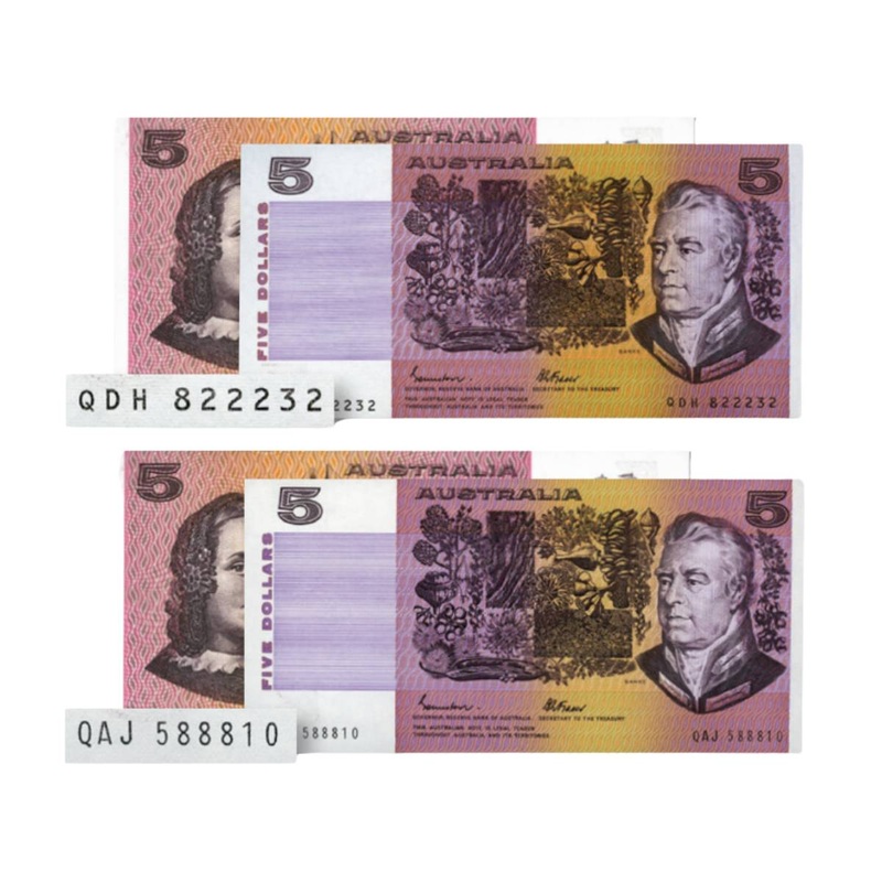 1985 $5 R209a & R209b Johnston/Fraser OCR-B & Gothic serial pair Uncirculated (2 notes)
