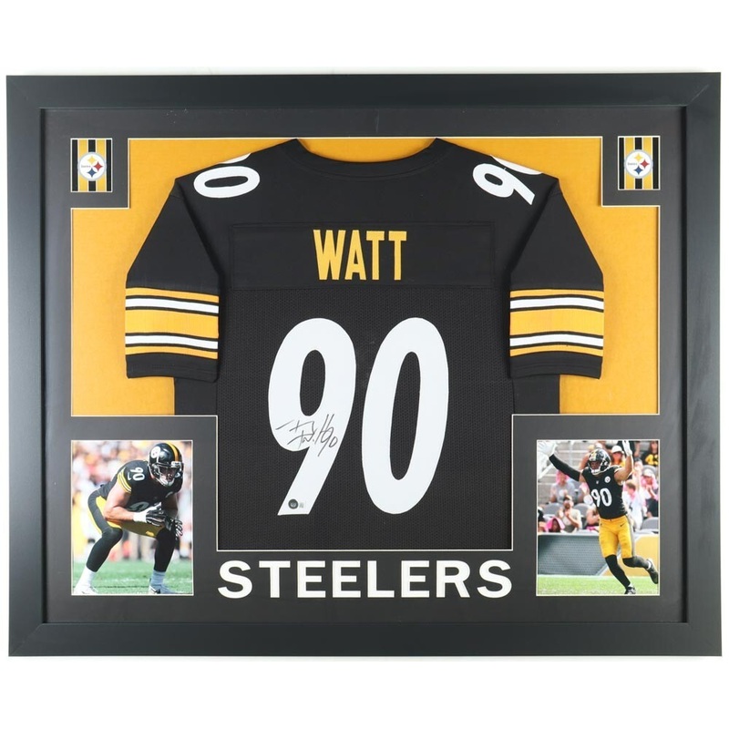 T J Watt Signed Pittsburgh Steeler 35x 43 Framed Jersey (Beckett) All Pro LB..