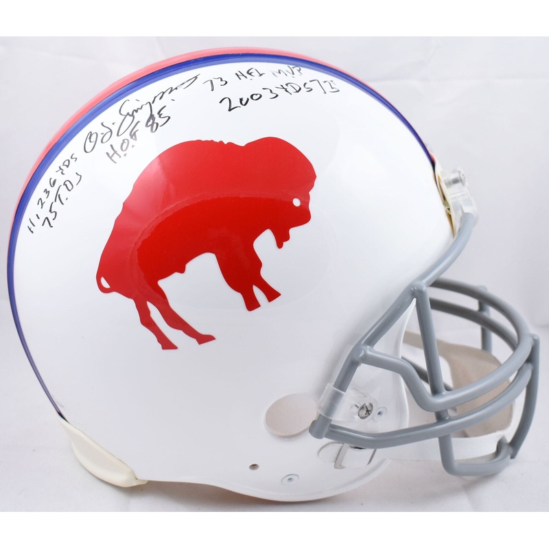 O.J. Simpson Autographed Bills F/S Authentic Helmet 5 inscriptions – JSA W