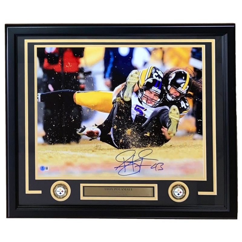 Troy Polamalu Signed Framed 16×20 Pittsburgh Steelers Sack vs Ravens Photo BAS