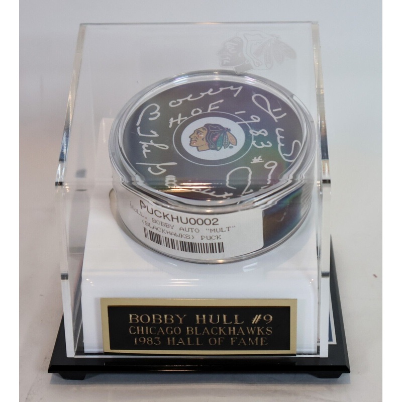 Bobby Hull Chicago Blackhawks Autographed 3 inscription Puck (with Case)