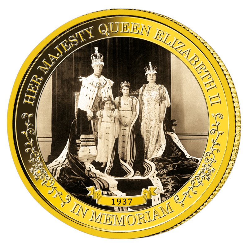Life of Queen Elizabeth II 2022 $1/4 1937 George VI Coronation Gold-plated Prooflike Coin