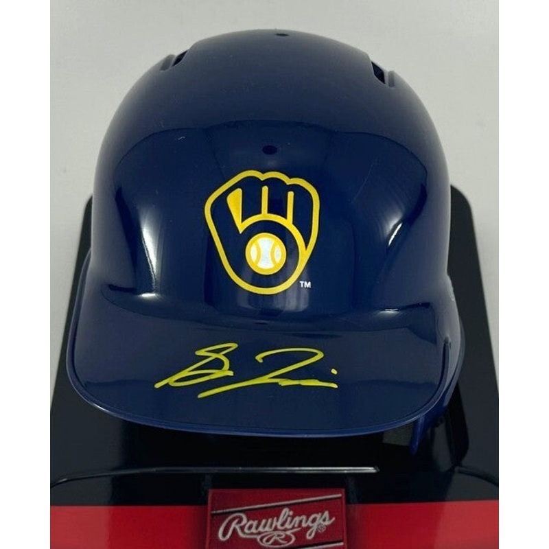Brewers Outfielder SAL FRELICK Signed Rawlings BLUE Mini Helmet AUTO – BAS