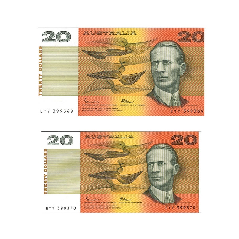 1985 R409a $20 Johnston/Fraser OCR-B serials Banknote Consecutive Pair Uncirculated