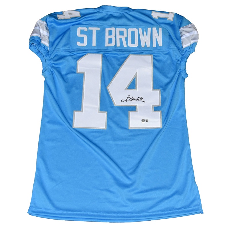 AMON-RA ST BROWN SIGNED DETROIT LIONS #14 2024 BLUE GAME CUT JERSEY BECKETT