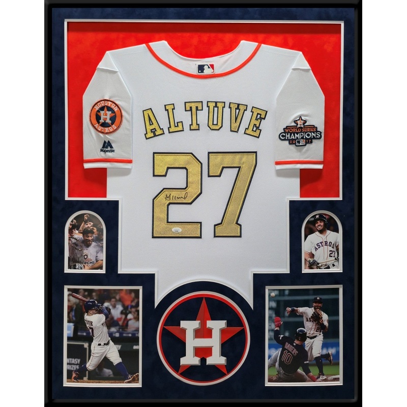 SUEDE FRAMED HOUSTON ASTROS JOSE ALTUVE AUTOGRAPHED SIGNED JERSEY JSA COA