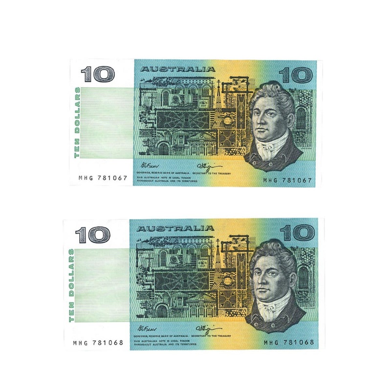 1990 R312 $10 Fraser/Higgins Banknote Consecutive Pair Uncirculated