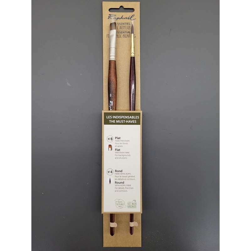 Raphael Essentials Acrylic & Watercolor Brush Sets, Acrylic, 2-Brush Set – The Must Haves (Precision Long Handle Bright 8 & Sepia Acryl Round 4)