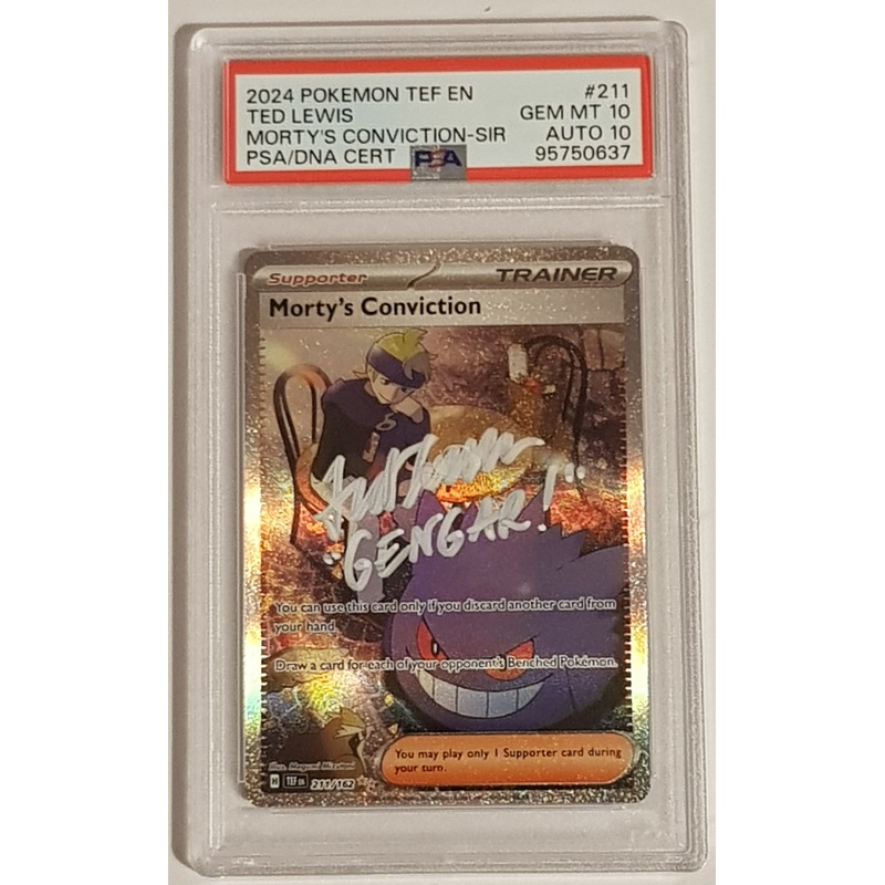 Pokemon Scarlet and Violet Temporal Forces Morty’s Conviction #211/162 PSA 10/AUTO 10 Special Illustration Rare Trading Card (Signed by Ted Lewis)