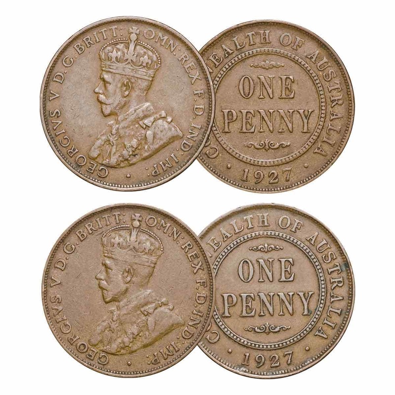 1927 Penny Indian & London Obverse Pair Very Good-Fine