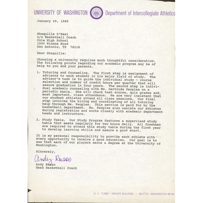 1988 University of Washington Shaquille O’Neal Recruitment Letter