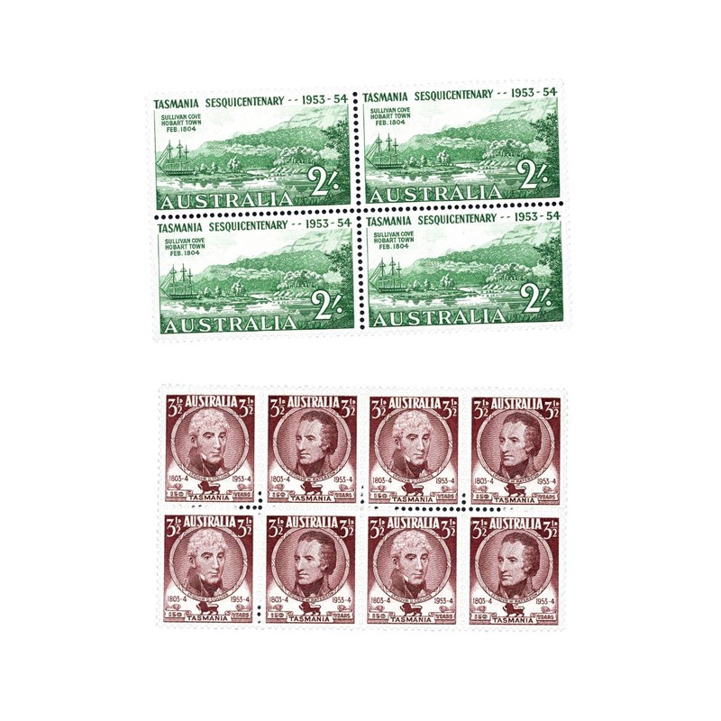 1953 Tasmania Sesquicentenary Block of Four & Block of Eight Pair Mint Unhinged