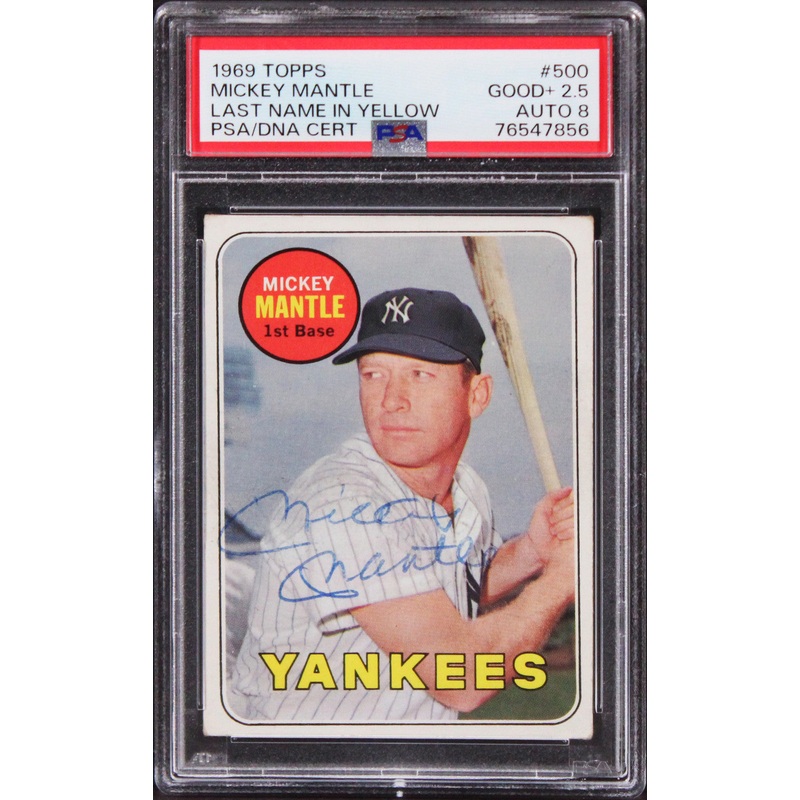 Yankees Mickey Mantle Signed 1969 Topps #500 Card Good + 2.5 Auto 8 PSA Slabbed