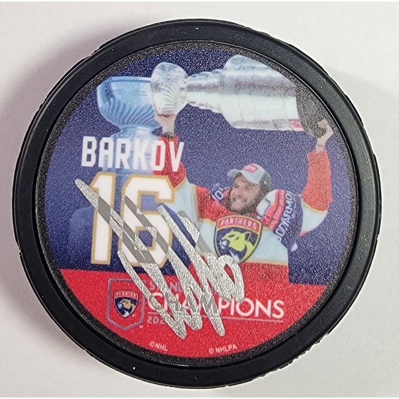 Aleksander Barkov Signed Florida Panthers 2024 Stanley Cup Photo Hockey Puck BAS