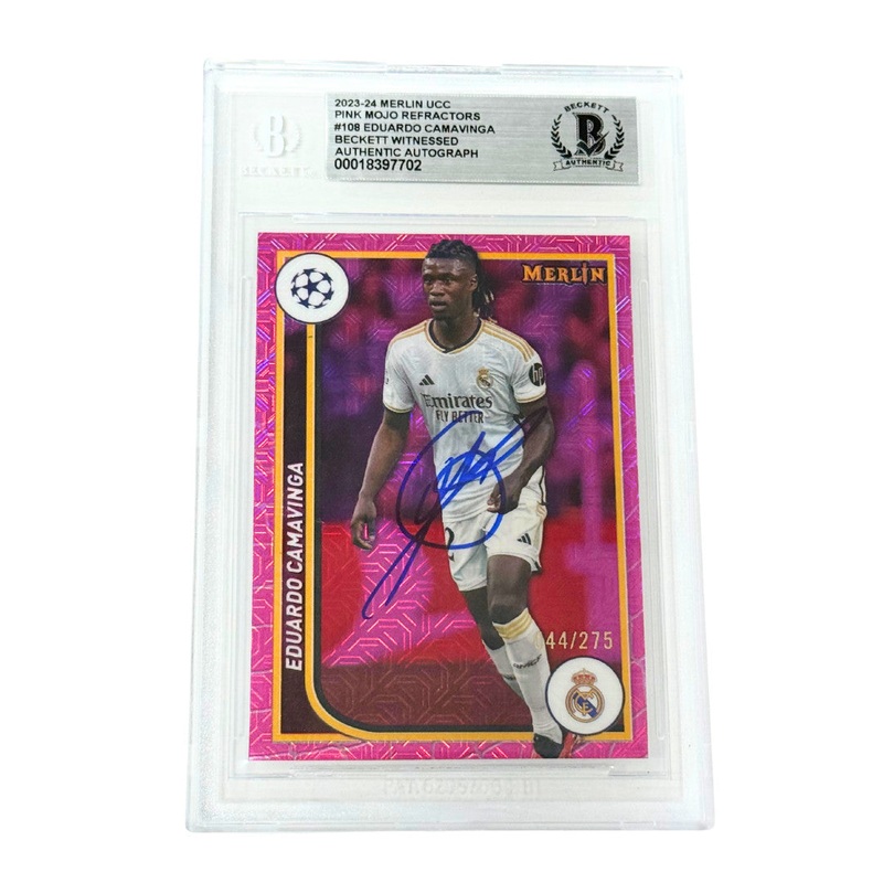 Eduardo Camavinga Signed 2023-24 Topps Merlin UCC Pink Mojo – Beckett Witness