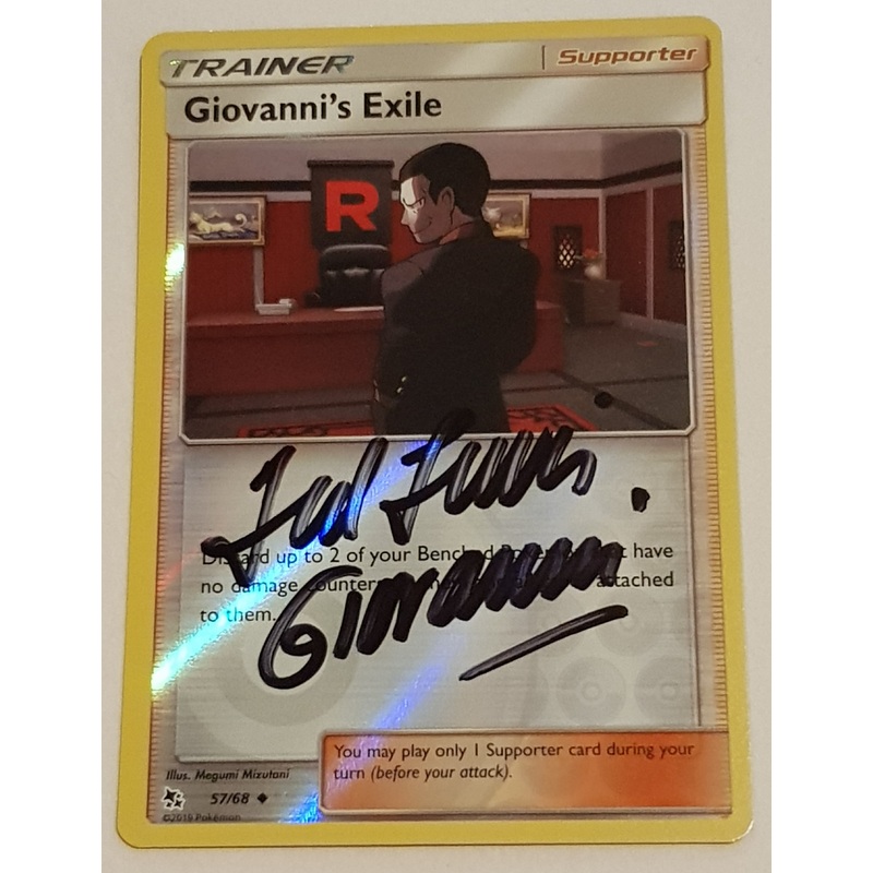 Pokemon Sun and Moon Hidden Fates Giovanni’s Exile #57/68 Reverse Holo Trading Card (Signed by Ted Lewis)