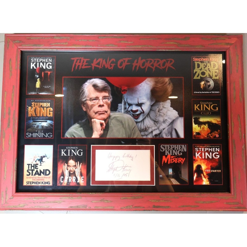 Stephen King Autographed Index Card in Framed The King of Horror Collage