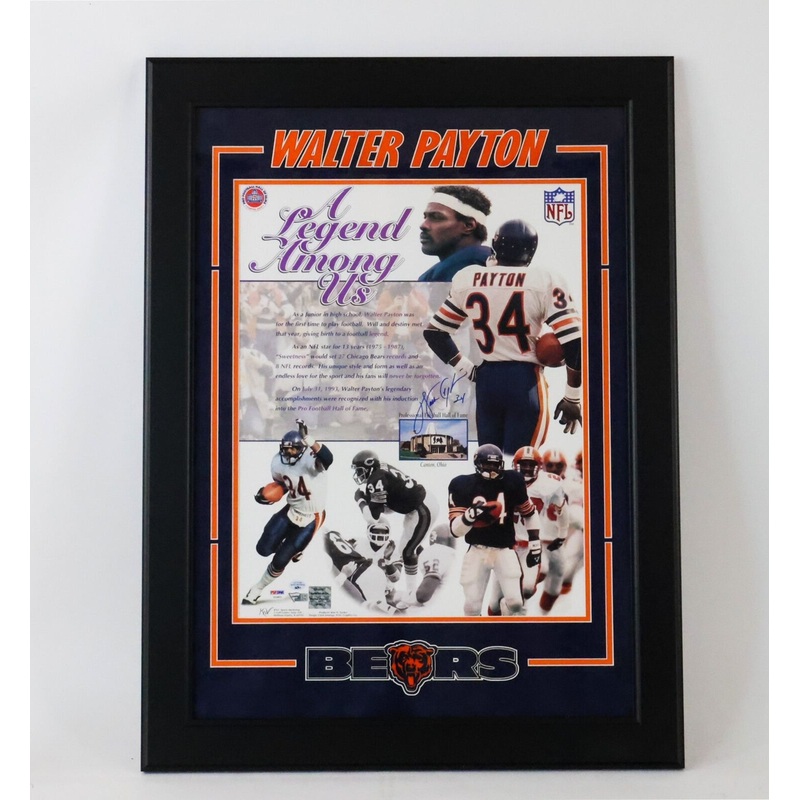 Walter Payton Autographed 16×20 Photo Blue Suede Frame Fanatics, PSA & LSM COAs