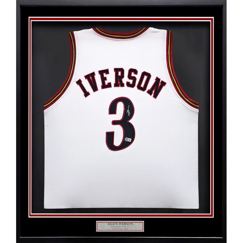 76ERS ALLEN IVERSON AUTOGRAPHED FRAMED WHITE JERSEY BECKETT WITNESS 239068