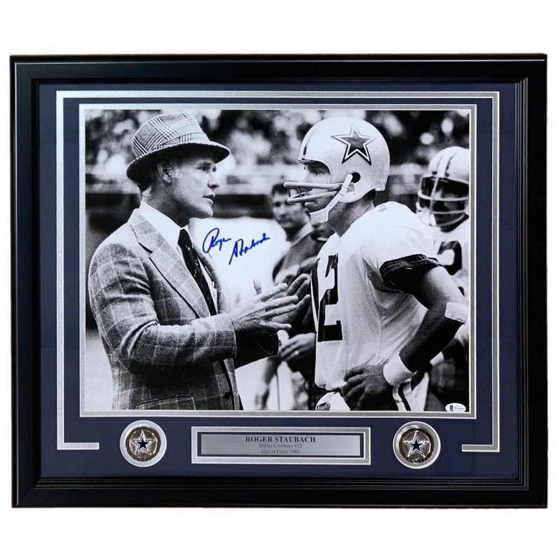 Roger Staubach Signed Framed 16×20 Dallas Cowboys Photo w/ Tom Landry BAS
