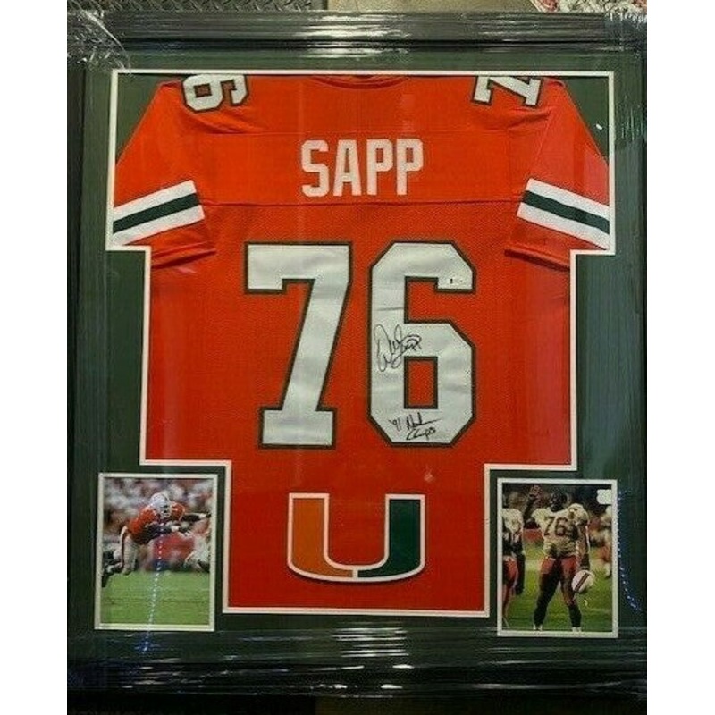 Warren Sapp Signed Miami Hurricanes 36×39 Framed Jersey (Beckett COA) 91 Champ