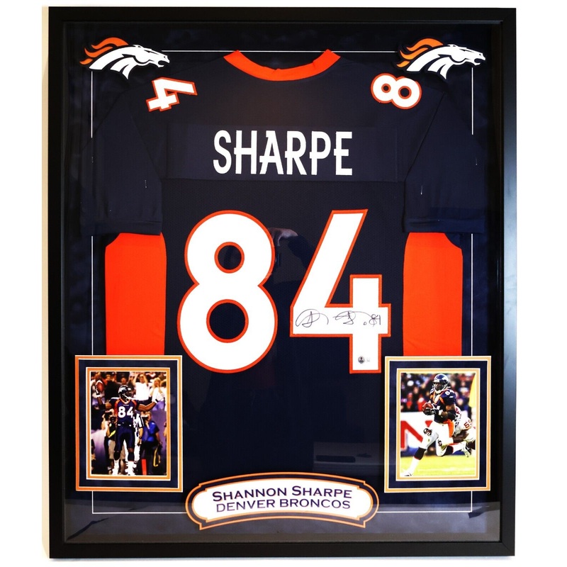 Shannon Sharpe Autographed Custom Navy Broncos Jersey in Deluxe Frame BAS COA