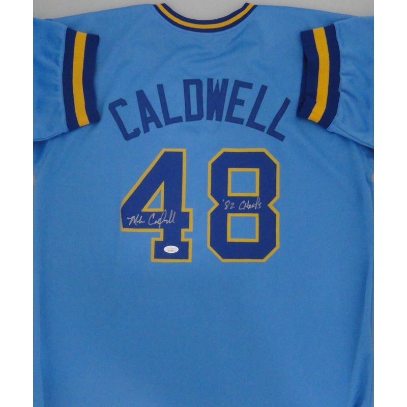 Brewers MIKE CALDWELL Signed Custom Replica Blue Jersey AUTO w/ 82 Champs – JSA