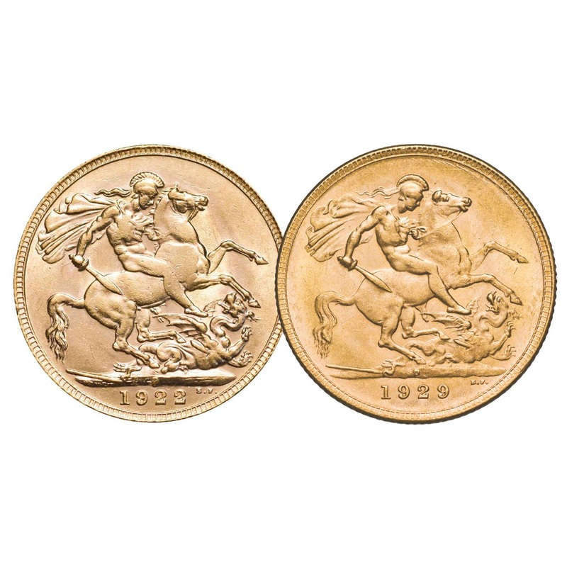 1911-1931 George V Gold Sovereign Small & Large Head Type 2-Coin Set Extremely Fine-about Uncirculated