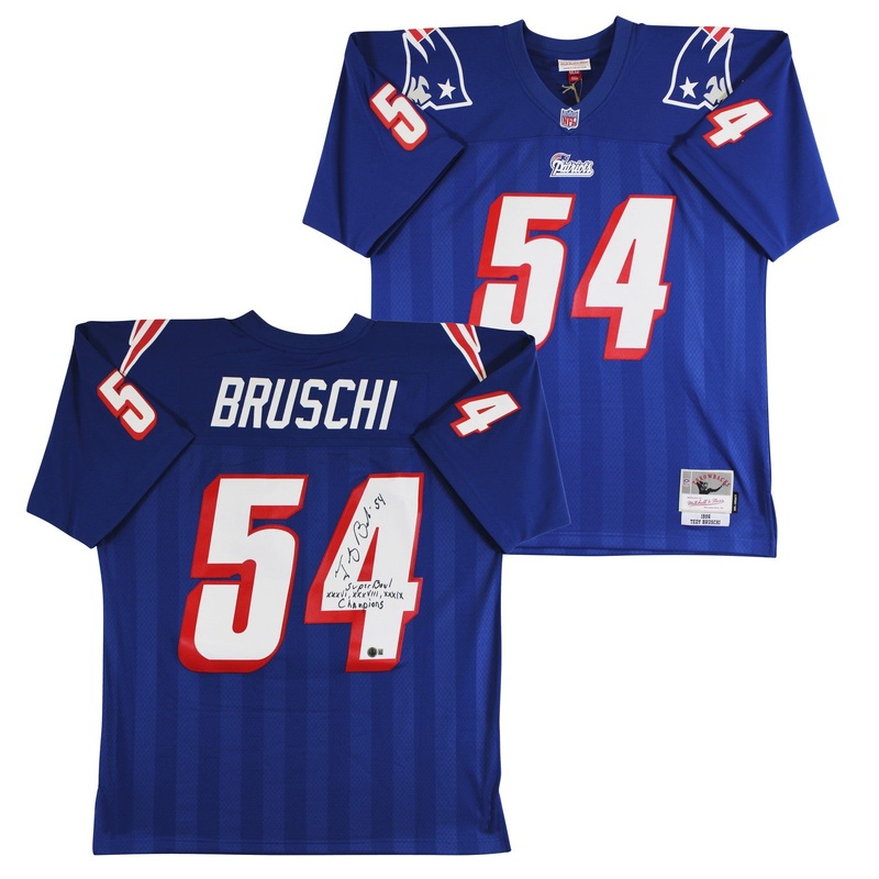 Patriots Tedy Bruschi Super Bowl Champions Signed Navy M&N TB Jersey BAS Wit