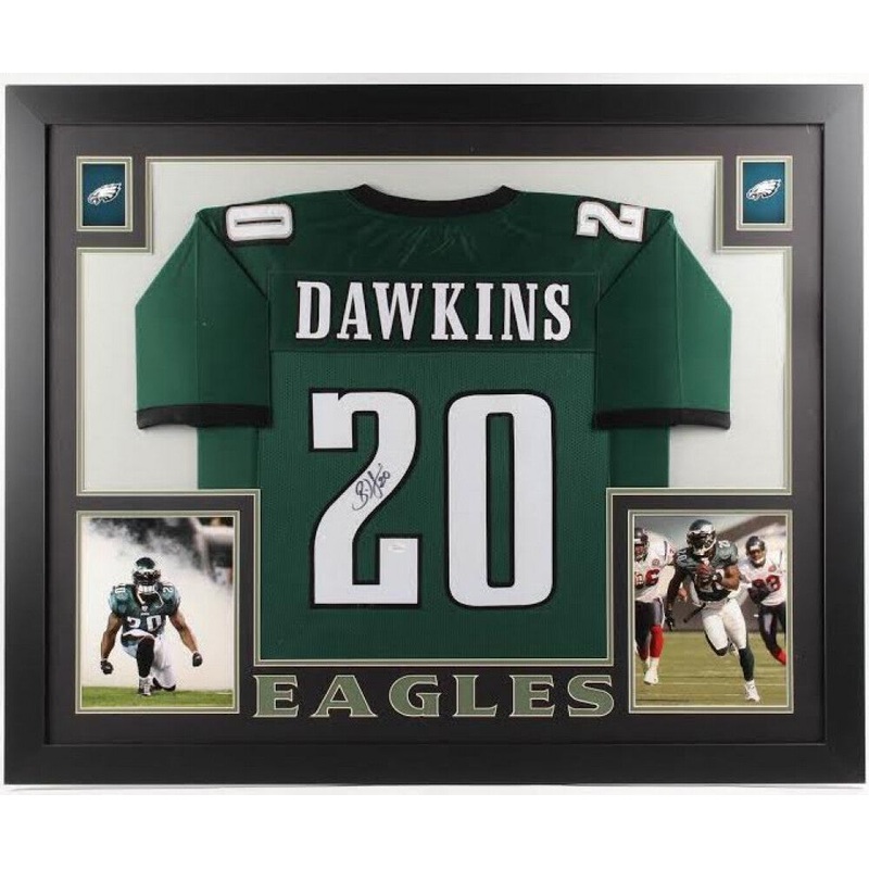 Brian Dawkins Signed Philadelphia Eagles 35×43 Framed Green Jersey (JSA QR) DB
