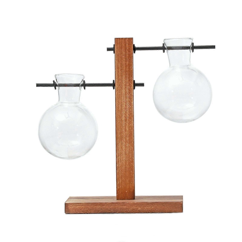 Desktop Glass Planter Bulb Vase Retro Solid Wooden Stand Hydroponics Plants