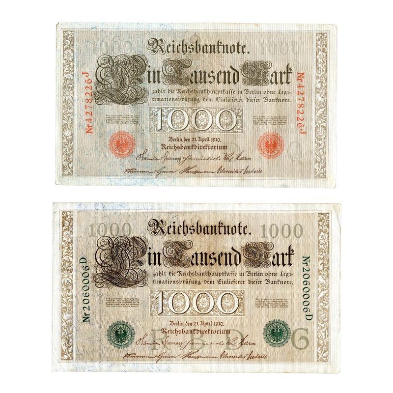 Germany 1910 1,000 Mark Reichsbanknote Red & Green Seal Pair Fine-Very Fine