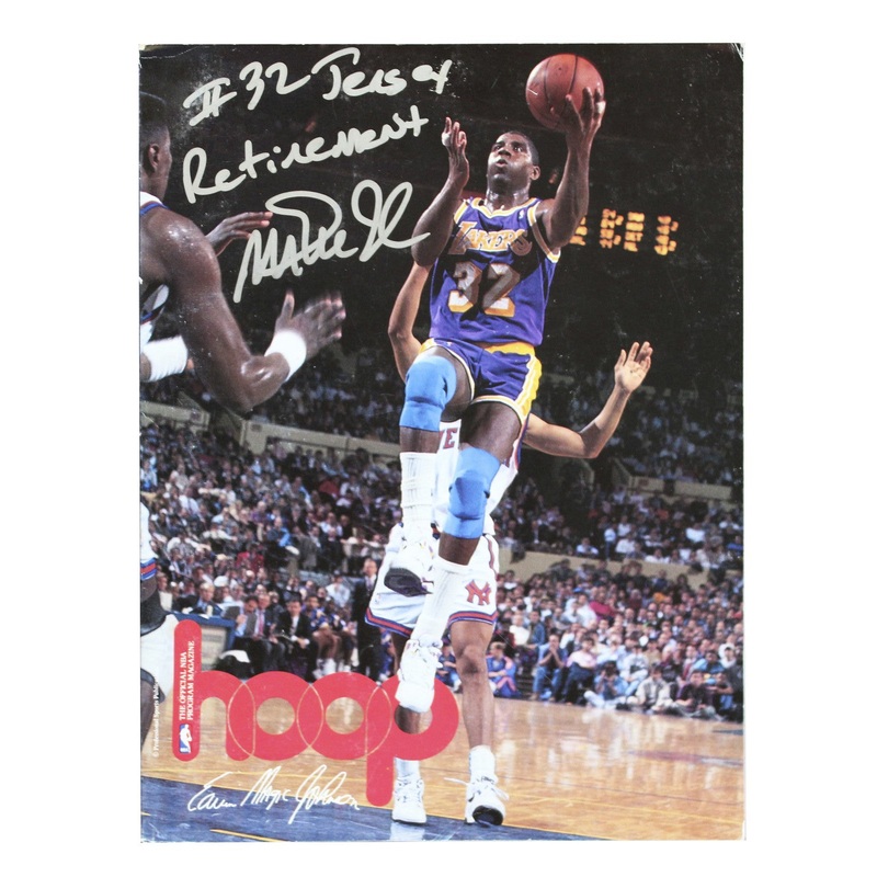 Lakers Magic Johnson #32 Jersey Retirement Signed NBA Hoops Magazine BAS Wit