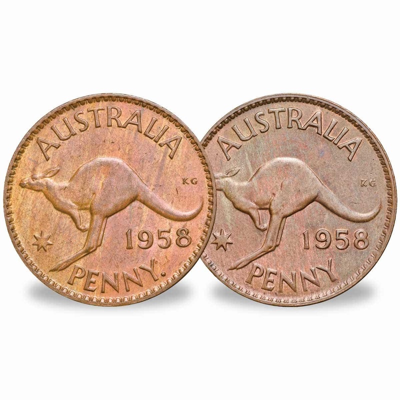 Melbourne & Perth Mint 1958 & 1958Y Penny Pair Uncirculated