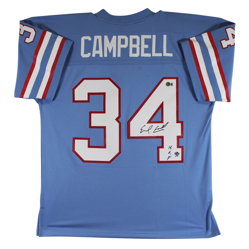 Oilers Earl Campbell HOF 91 Signed Light Blue M&N Throwback Jersey BAS Witness
