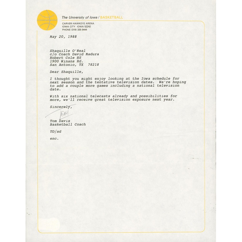 Tom Davis Signed 1988 University of Iowa Shaquille O’Neal Recruitment Letter