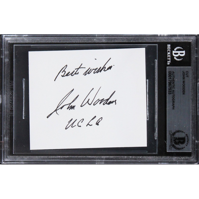 UCLA John Wooden Best Wishes, UCLA Signed 2.5×3 Cut Signature BAS Slabbed