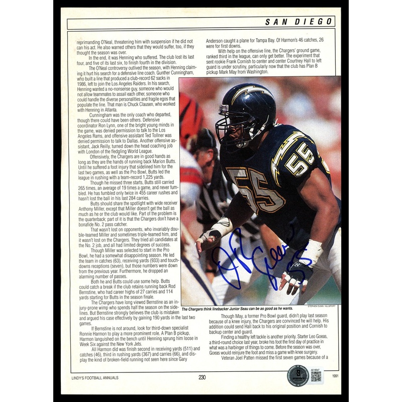 Junior Seau Autographed Magazine Page San Diego Chargers Beckett BAS #AE16547