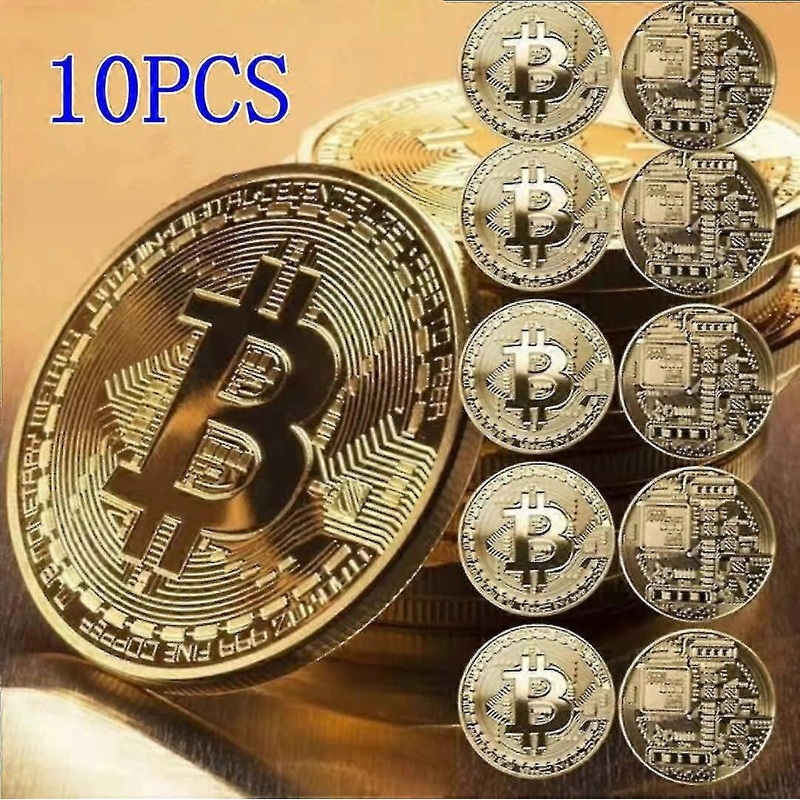 10 Gold Plated Bitcoin Coins, Collectible Gift, Metal Antique Replica