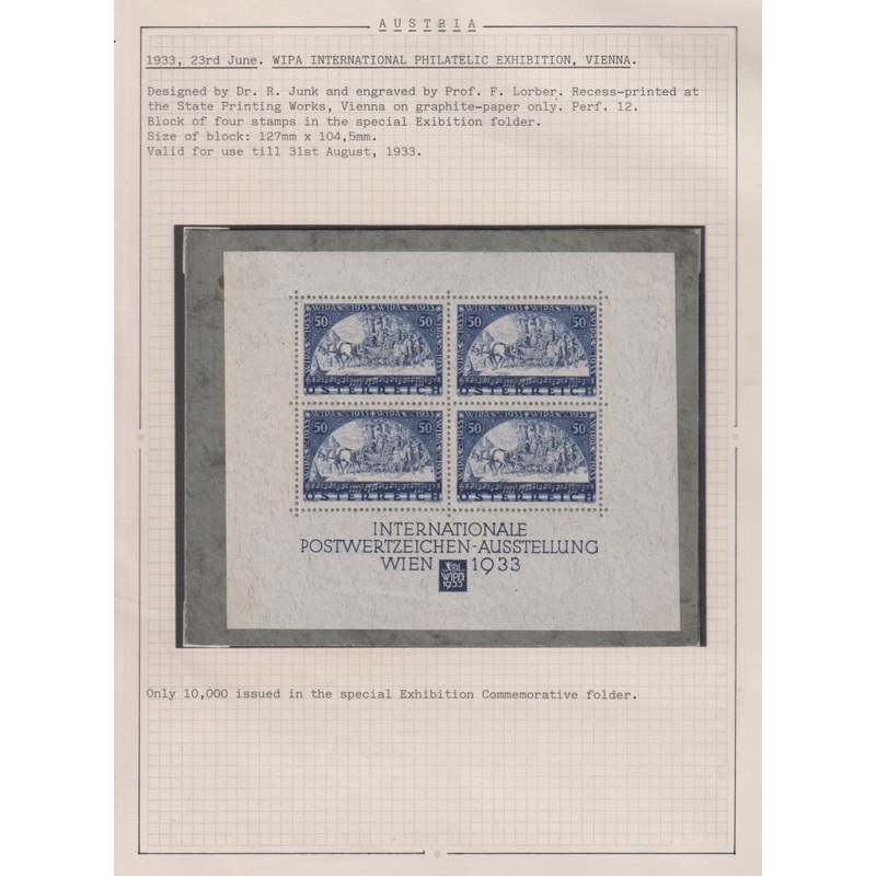 AUSTRIA 1933 WIPA SHEET SUPERB MINT IN SPECIAL FOLDER