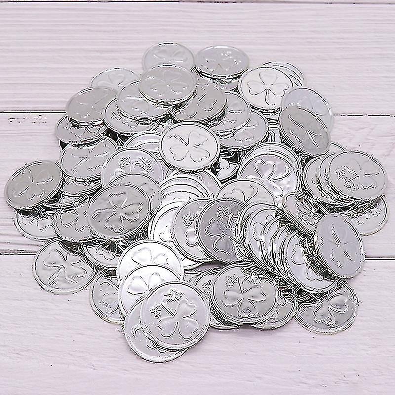 100pcs St. Patrick’s Day Shamrock Coins, Shining Lucky Plastic Coin 4-leaf Clover Irish St. Patrick’s Day Coins